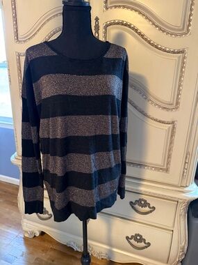 Guess Black and Gold Metallic Striped Crew Neck Sweater